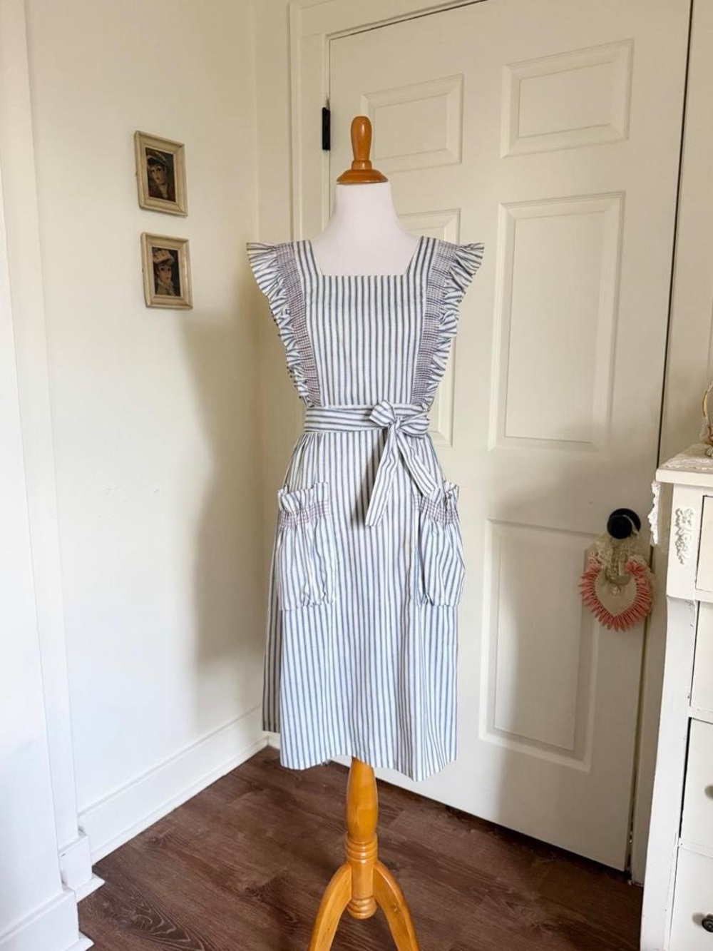 Retro Vintage Blue Tick Striped Pinafore Wrap Dress
